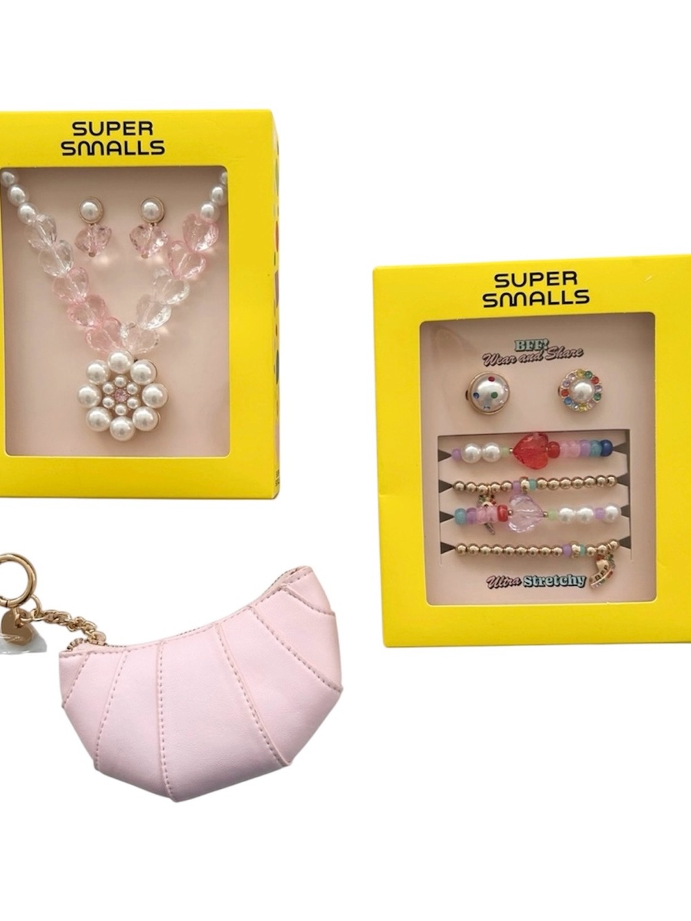 New Two Sets Super Small Jewelry Plus Faux Pink Leather Croissant On Clip Pouch